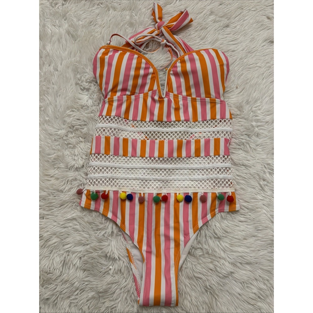 Striped Halter One Piece Swimsuit Orange Pink White Mesh‎ Pom Pom Cutout